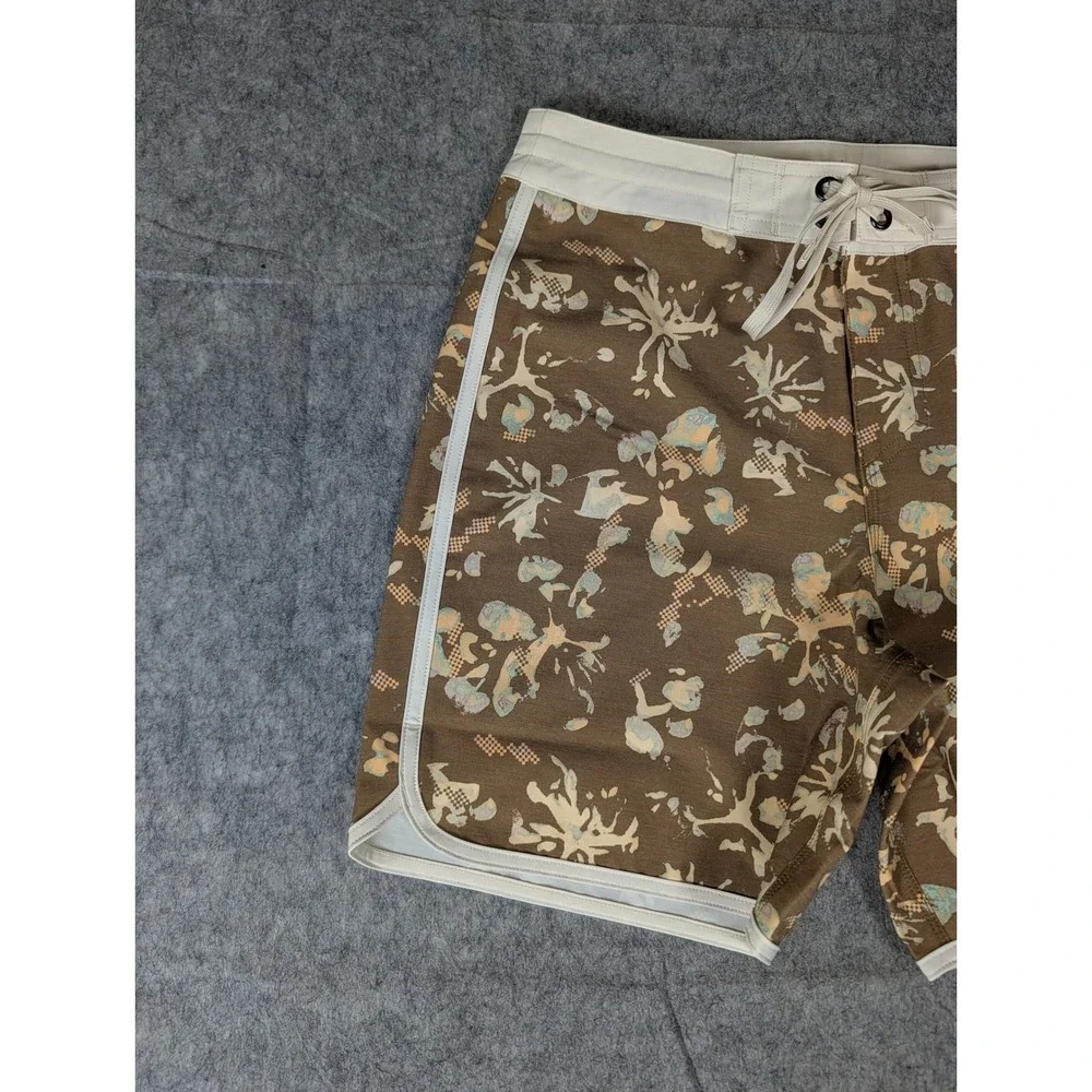prAna Mens Brown Abstract Floral Scalloped Hem Board Shorts Swim Trunks 28/06